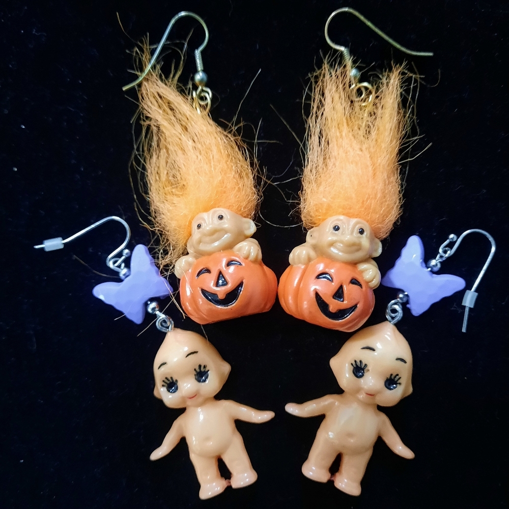 Russ Pumpkin Troll Earrings + Hot Topic Kewpie Doll Earrings